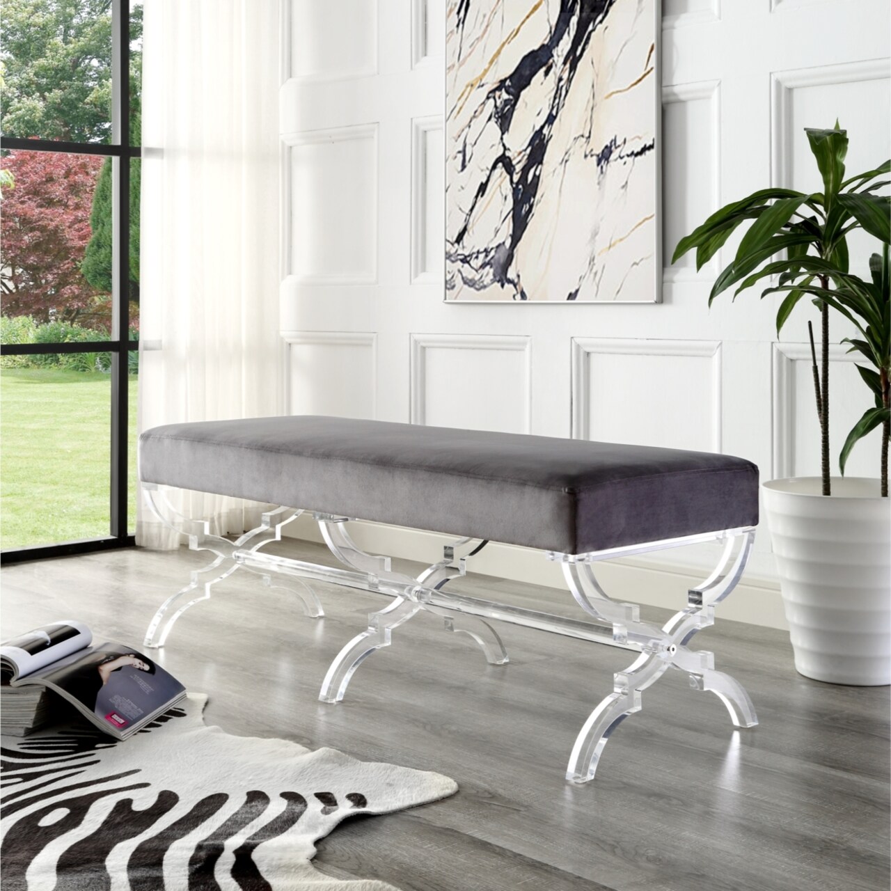 Inspired Home Laris Velvet Upholstered Bench Modern Acrylic X Leg